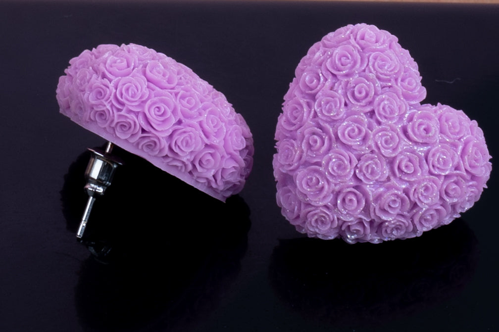 Heart-Shaped Korean Earrings with sculpted Pink Roses