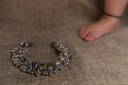 Set of 2 Silver Stone Studded & Beads Oxidized Anklets