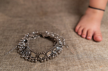 Set of 2 Silver Stone Studded & Beads Oxidized Anklets