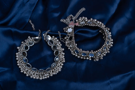 Set of 2 Silver Stone Studded & Beads Oxidized Anklets